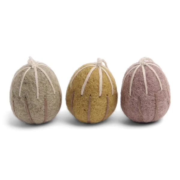 Pendenti in feltro set 3 uova ricamate righe GRY & SIF
