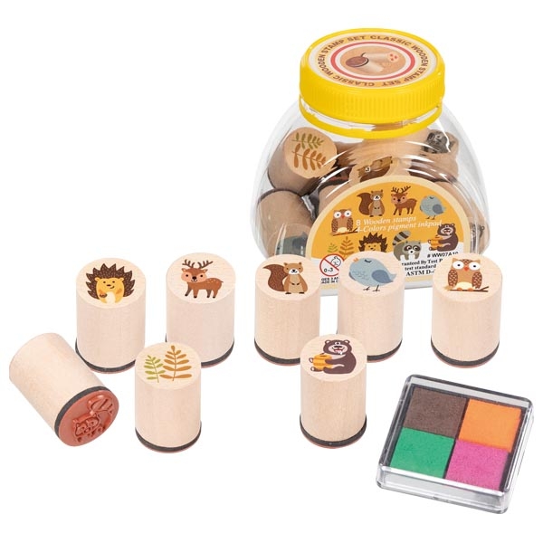 Set 8 timbri animali della foresta + tamponcino Goki